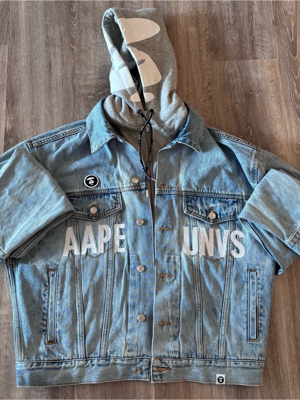 Aape By A Bathing Ape Blue Denim Button Up Jacket with Gray Hood & Zippers